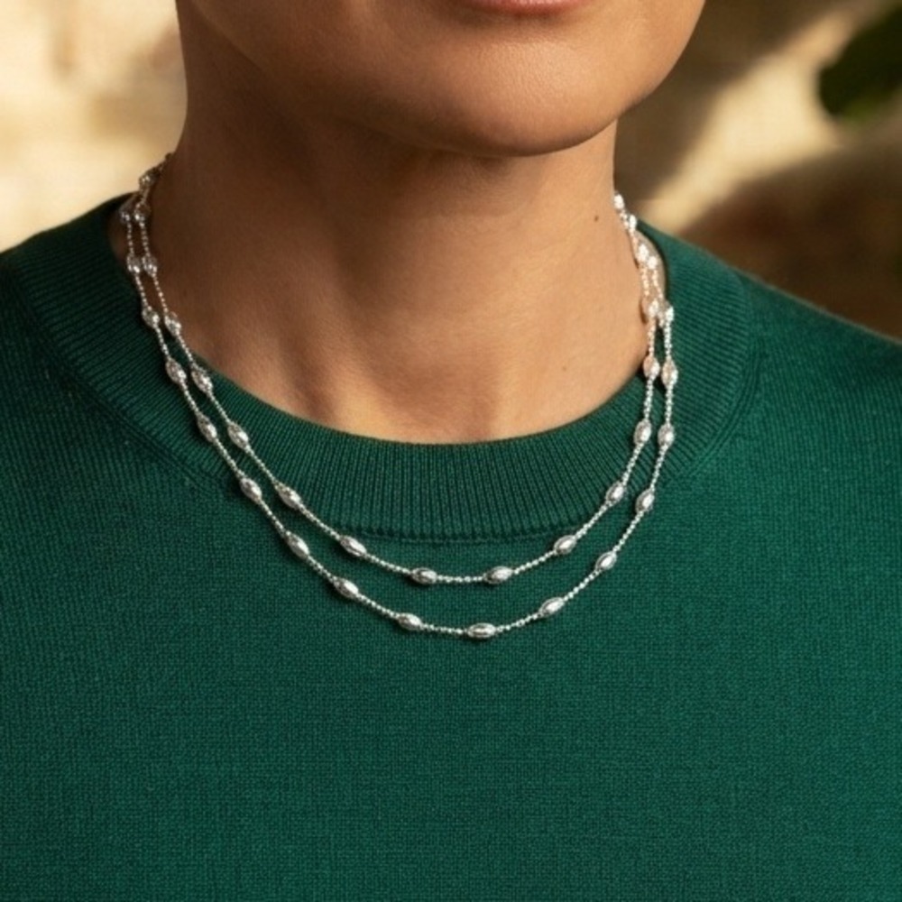 Double Chain Station Necklace Set, 16 & 18 Inch Layered Silver Necklace**